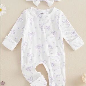 Newborn White and Purple Bow Print One Piece